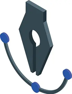 3d isometric illustration of a pen nib with three blue ink drops on a white background