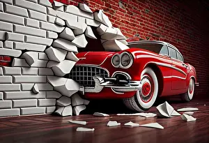 3d mural wallpaper broken wall bricks and a classic red car. Painted design for children and kid's bedroom wallpaper