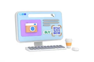 Coffee Cup Prints: 3D. Online shopping. Open computer