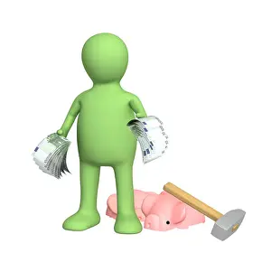 Destroyed Prints: 3d puppet, broken a hammer a piggy bank