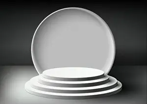 Dais Prints: 3D realistic empty white podium platform stand level step display with white circle backdrop on black background