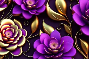 Floral Design Prints: 3d render, abstract background with purple and gold flowers and leaves