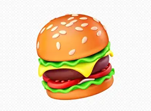 Tasty Prints: 3d render fastfood burger with cheese vector icon on transparent background