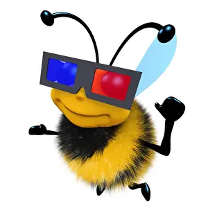 Buzz Prints: 3d render of a funny cartoon honey bee character wearing a 3d glasses to watch a movie