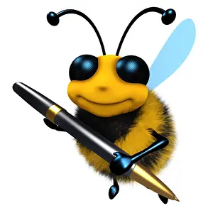 Buzz Prints: 3d render of a funny cartoon honey bee character writing with a pen
