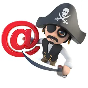 Bandit Prints: 3d render of a funny cartoon pirate captain holding an email address symbol