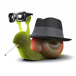 Comical Prints: 3d render of a snail wearing a trilby, smoking a cigarette