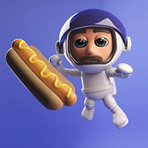 Hot Dog Prints: 3d rendered image of an astronaut spaceman with hot dog floating in 3d space