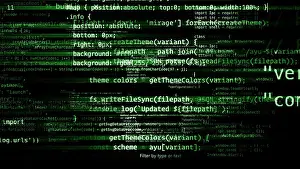 3D rendering abstract blocks of code that are in the virtual space. Camera inside the computer code