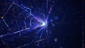 Virtual Reality Prints: 3D rendering of an abstract digital tunnel in cyberspace made of particles