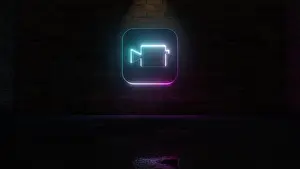 Fluorescent Prints: 3D rendering of blue violet neon icon of camera app on iOS style on dark brick wall background with wet blurred