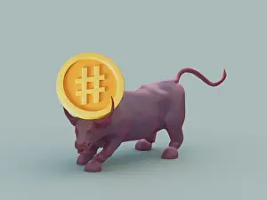 Decentralized Prints: 3D rendering of a bull figurine with the cryptocurrency coin on a gray background