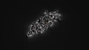 Vaccine Prints: 3d rendering of crowd of different people with flashlight in shape of symbol of injection on dark background with