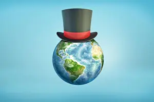 Old World Prints: 3d rendering of a Earth globe with a black magician's top hat sitting on its surface like on a head