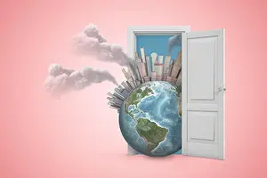 Emission Prints: 3d rendering of Earth with skyscraper city on it
