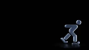 Polished Prints: 3d rendering of frosted glass symbol of skating figure isolated on black background with blurry reflections