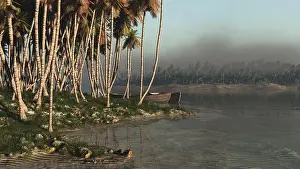 Dark Day Prints: 3D rendering of a green grass, long palms and small wooden boats on side of water