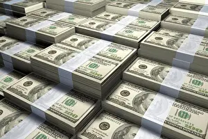North American Prints: 3D rendering of a large stack of one hundred US Dollars bills