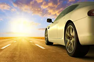 Expressway Prints: 3D rendering of a low angle view of car on motion on the road