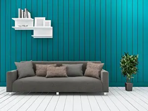 Cushion Prints: 3d rendering minimal green wall living room with vintage sofa
