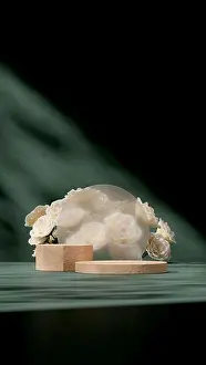 Platform Prints: 3d rendering mockup terrazzo texture podium with frosted glass and white rose backdrop in portrait