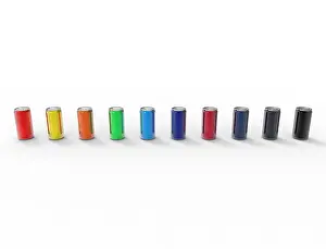 Packing Prints: 3D rendering of multiple colored soda cans isolated in white studio background