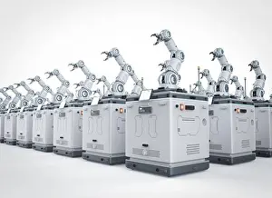 Control Prints: 3d rendering amount of portable robotic arms with station module in factory