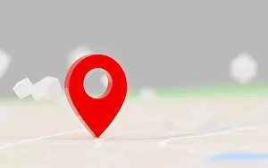 Pointer Prints: 3D Rendering red GPS pinpoint of destination on the map