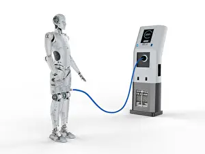 3d rendering robot charge with electric charging station