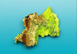 Rwanda Prints: A 3D rendering of Rwanda relief map isolated on a bluebackground
