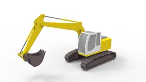 Scoop Prints: 3d rendering of a single excavator isolated in white studio background