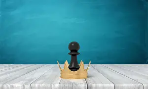 Chance Prints: 3d rendering of a small black chess pawn standing inside a golden crown on a wooden desk background