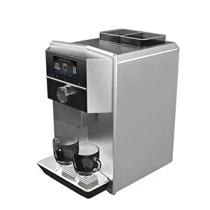 A 3d rendering of a stainless steel coffee machine isolated on a white background