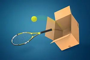 Vibrant Color Prints: 3d rendering of tennis racket and tennis ball falling out of cardboard box on blue background