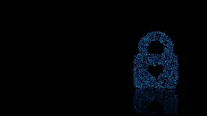 Screw Prints: 3d rendering various blue wire glowing mechanical parts in shape of symbol of lock with heart inside isolated on black
