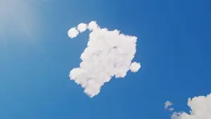 Cleaner Prints: 3d rendering of white fluffy clouds in shape of symbol of cleaning hands on blue sky with sun rays