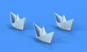Blue Background Prints: 3d rendering of three white paper origami boats
