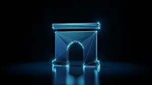 Virtual Reality Prints: 3d rendering wireframe digital techno neon glowing symbol of winning archway with shining dots on black background with