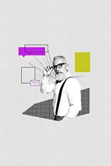 Messenger Prints: 3d sketch poster vertical collage of happy old man dandy stand bubble communication chatterbox speech discussion talk