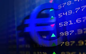 Blue Background Prints: 3D stock market screen with Euro sign