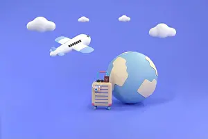 Camera Prints: 3d. Suitcase, camera with airplane. travel concept.