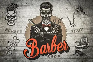 Stylist Prints: 3D wallpaper barber shop is a special and unique.3D illustration