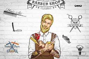 Stylist Prints: 3D wallpaper barber shop is a special and unique.3D illustration
