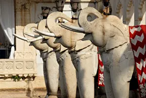 4 Elephants on Jag Mandir on Lake Pichola Udaipur Rajasthan India