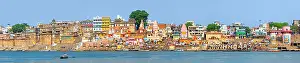 Residents Prints: A 4 picture stitch panoramic view of the ghats along the Ganges in Varanasi