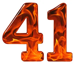 Numeric Prints: 41, forty one, numeral, imitation glass and a blazing fire, isolated on white background