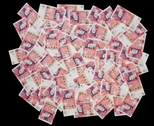 Bank Notes Prints: 50 pound British currency bank notes £50 cash rich wealthy spread display