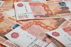 5000 rubles background. Russian banknotes at different angles