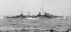 58 HMAS Hobart (D63) escorting troopships off Guadalcanal on 9 August 1942 (AWM P05292.007)