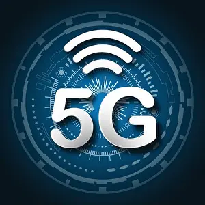 Wifi Prints: 5G cellular mobile communication blue logo background with global network line link transmission